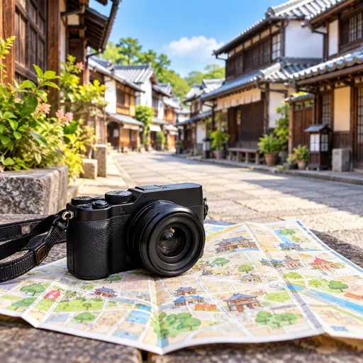 カメラと地図、日本の街並みのイメージ